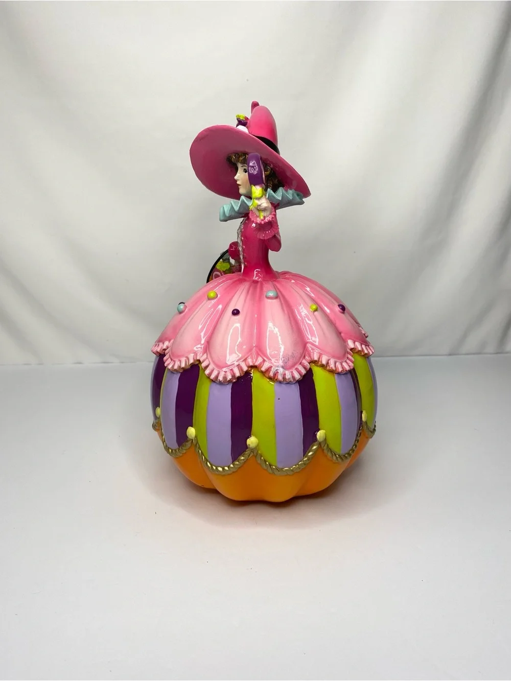 Whimsical Halloween Pink Fairy Witch Pumpkin Candy Base Figurine 10.5